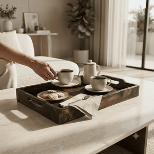 Plateau de service en bois artisanal, grand plateau rectangulaire pour café, thé, petit-déjeuner, nourriture, avec poignées, pour la maison, le restaurant, l'hôtel, la table - Product Image 5