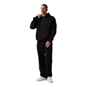 Men's Black Hooded <b>Tracksuit</b> Set Full Length Regular Fit Cotton Sweatshirt Pants Casual Autumn Wear Solid Color Side Pockets - Product Image 1