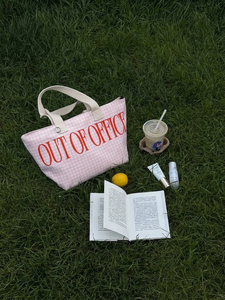 Office TT03 Office Eco-Friendly Gingham <b>Canvas</b> <b>Tote</b> Bag White Handles Large Size Zipper Closure Customizable Design Gym Daily - Product Image 5