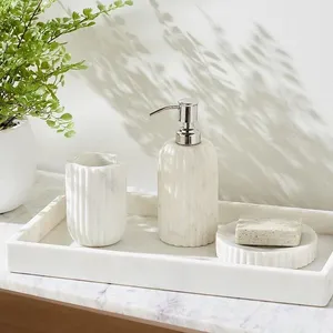 Elegant White Natural Marble Stone Full Bathroom Wash <b>Set</b> Including <b>Soap</b> Dispenser Tray Brush Holder and <b>Soap</b> Dish - Product Image 1