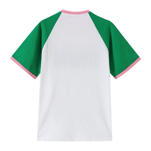 Camiseta de chenilla premium para mujer, blanca, verde y rosa, de manga corta raglán, cuello redondo, estilo casual y a la moda. - Product Image 2