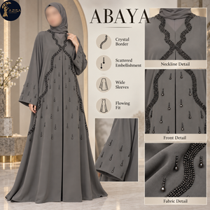 Abaya gris refinada con ribete ondulado negro con cuentas y adornos dispersos |   Vestido Musulmán Modesto de Longitud Completa con Mangas Anchas - Product Image 5