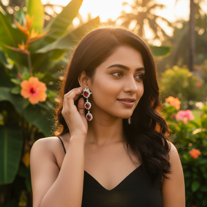 Boucles d'oreilles pendantes ovales rouge rubis en argent 925, magnifiques boucles d'oreilles pendantes pour femmes et filles, à porter lors de mariages et de fêtes - Product Image 5