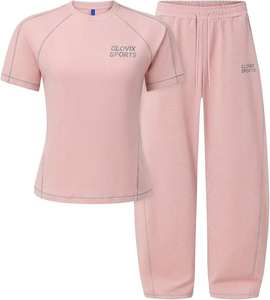 Ensemble de survêtement rose personnalisé pour femme, deux pièces, t-shirt à manches courtes et pantalon de survêtement large, tenue de sport d'été - Product Image 1