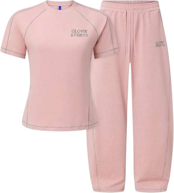 Custom Women Pink Tracksuit Two Piece Set Short Sleeve T-Shirt Wide Leg Sweatpants Summer Activewear Athletic Suits