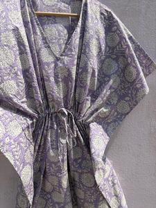 Lavender Floral Cotton <b>Kaftan</b> Dress for Women Printed Boho <b>Beach</b> Cover Regular Fit Eco-Friendly V-neck Resort Wear Summer Maxi - Product Image 2