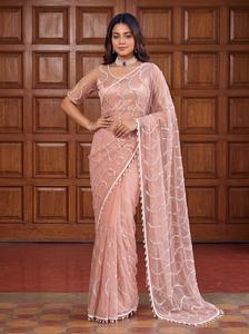 Indian Modern Style <b>Net</b> Material Saree with Bidds Handwork Embroidered Saree for Festival and Wedding Wear Collections for Women - Product Image 4