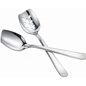 Cuchara para servir grande pulida de plata de acero inoxidable para Buffet, juego para servir sopa, mango ondulado plano largo, cuchara grande, ensalada de buffet - Product Image 6