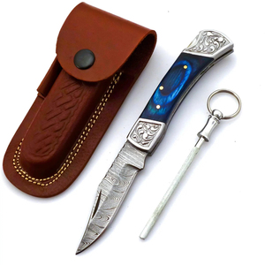 Couteau pliant de survie pour le camping en plein air, de qualité industrielle, gravé à la main, à pointe tombante, en acier Damas, couteau de chasse de poche - Product Image 1