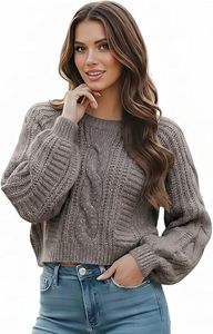 Women's Cropped <b>Cable</b> Knit Sweater, Soft and Warm Long Sleeve Pullover, Casual Knit Top for Fall Winter - Product Image 6