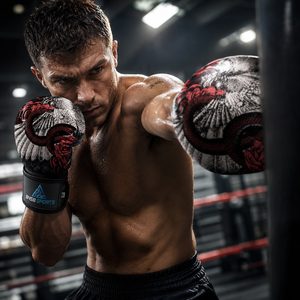 Guantes de Boxeo de Cuero PU Transpirable con Estampado Rojo, Negro y Blanco, Nudillos Acolchados, Correa de Muñeca Ajustable, para Entrenamiento, Sparring y Golpeo - Product Image 6