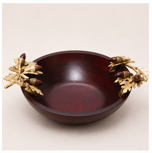 Bol de service artisanal en bois d'acacia avec accents de feuille de chêne et d'acorn en laiton poli de luxe, centre de table de luxe pour la table. - Product Image 5