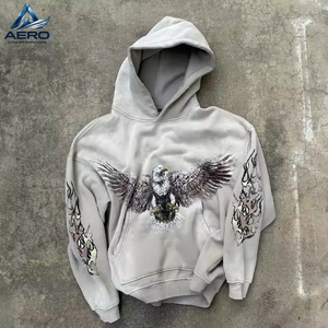 Ensemble de survêtement homme gris clair délavé à l'acide, avec sweat à capuche imprimé graphique vintage oiseau et pantalon de survêtement large à manches flamboyantes, 2 pièces - Product Image 2