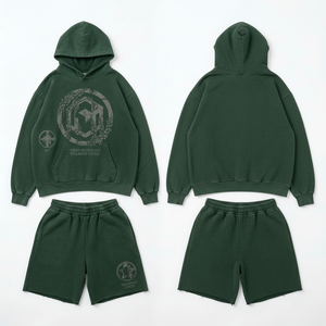 Conjunto de Sudadera con Capucha y Pantalones Cortos Unisex Personalizados con Apliques Verdes, Ropa Urbana Gráfica de Dos Piezas, Fabricante de Ropa de Marca Privada OEM ODM - Product Image 2