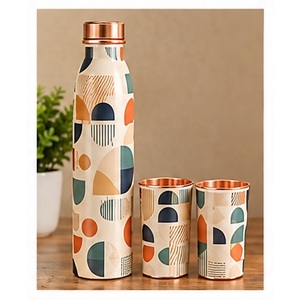 Bouteille d'eau en cuivre bleu ciel avec motif d'oiseaux, ensemble thermos de voyage portable - Product Image 2