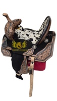 Selle de cheval artisanale personnalisée en cuir naturel souple avec ferrures en laiton nickelé, de qualité supérieure et durable, pour concours western et course de baril.