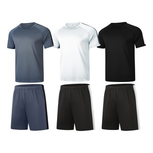 Ensemble de shorts de sport décontractés pour hommes, été, gris clair, t-shirt à col rond, tricoté, 100% coton, respirant, couleur unie, manches courtes - Product Image 5