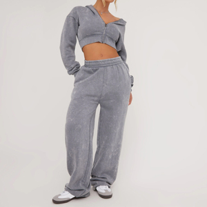 Top 2026 New Custom Streetwear Acid Washed Patch Embroidery <b>Cropped</b> 2 Piece <b>Jogger</b> Set Breathable Tracksuits for Women - Product Image 5