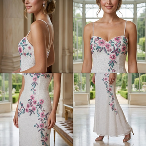 Elegant Modern Women's Sheath Evening Dress | Floral Embroidered <b>Spaghetti</b> <b>Strap</b> | Floor-Length Slim Fit Wedding Formal Party - Product Image 4