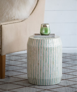 Luxury Mother of Pearl Mosaic Side <b>Table</b> <b>Stool</b> Handcrafted Cylindrical Accent <b>Table</b> with Coastal Blue Shell Inlay - Product Image 4