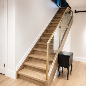 Gold Glass Stair <b>Railing</b> With Clear Panel Balustrade Modern Indoor Handrail For Luxury Wooden Staircase Design - Product Image 1