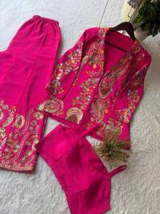 Conjunto coordinado de 3 piezas de seda Chinon premium: Koti bordado, pantalón palazzo y blusa con bordado de lentejuelas elaborado - Product Image 5