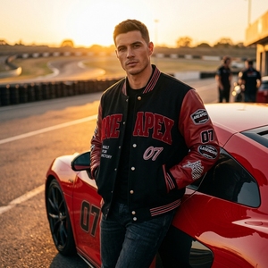 Chaqueta Varsity de Cuero para Hombre One Apex, Diseño con Parches Bordados Rojos y Negros, Estilo Urbano Universitario, Chaqueta Bomber - Product Image 4
