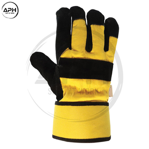 Black Cow Split Leather Rigger Gloves High Visibility Yellow Fabric Back Reinforced Palm Heavy Duty <b>Builder</b> Industrial Gloves - Product Image 3