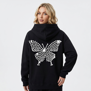 Sudadera con Capucha Negra Extra Grande para Hombre y Mujer, con Estampado de Mariposa con Pedrería en la Espalda, Estilo Hip Hop, Sudadera Informal - Product Image 6