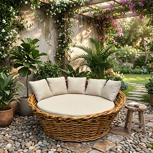 New Modern Minimalist Luxury Outdoor Rattan Daybed Sofa Bed Cushions Set Sponge Filling Solid Wood Cover Resort Hotel Furniture - Product Image 2