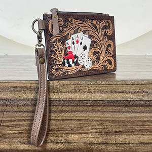 New Design Hand Tooled Genuine Leather Western Mini <b>Wallet</b> Zipper Closure,Poker <b>Cards</b> Dice Design Coin ATM <b>Card</b> <b>Holder</b> <b>Wallet</b> - Product Image 4