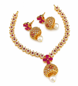 Brass <b>Ruby</b> Pink CZ Flower <b>Necklace</b> Set Gold Plated Floral Choker with Hanging Jhumka Earrings Indian Bridal Jewelry Set - Product Image 3