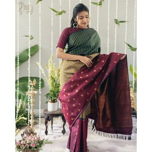 TRADITIONAL BANARASI SILK BEAUTIFUL ZARI WORK <b>SAREE</b> WITH UNSTITCHED <b>BLOUSE</b> MAROON - Product Image 1