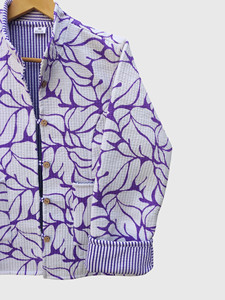Plus Size Women Cotton Waffle Jacket Purple Floral Print V Neck Horn <b>Button</b> Casual <b>Coat</b> - Product Image 2