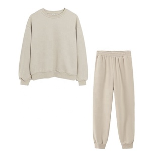 Factory Direct Sale Women's Plain Thick Crew Neck Pullover Track Suit <b>Lounging</b> Wear Ribbed Hem & Cuff Blank Two Piece Sweat Suit - Product Image 6