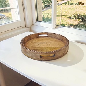 Round Wooden Serving Plate with Cutout Handles Polished Dark Wood <b>Tray</b> Decorative <b>Circle</b> Round Platter Perfect For Restaurant - Product Image 5