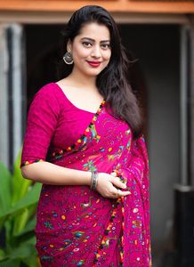 Sari de Algodón Rosa con Estampado Digital, Estilo Moderno Informal para Mujer, Estilo India-Pakistán, Largo hasta el Suelo, Corte Regular, Protección Solar - Product Image 2