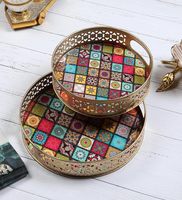 Panier décoratif en métal plaqué or avec poignée, style bohème, design rond, pour la décoration de la maison, collection tray sacred cow
