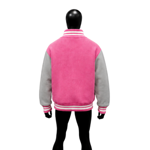 Chaqueta Varsity Rosa Personalizada de Lana con Mangas Gris Claro, Chaqueta Bomber de Béisbol de Calidad Premium para Hombre y Mujer, Venta al por Mayor, Estilo Letterman - Product Image 2