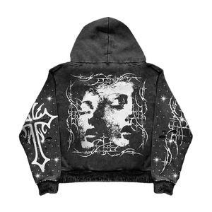 Manufacturer Custom Unisex Rhinestone 100% Cotton Fleece Heavyweight 350g Winter Embroidered <b>Hoodie</b> <b>Zip</b> <b>Pocket</b> Acid Wash High - Product Image 5