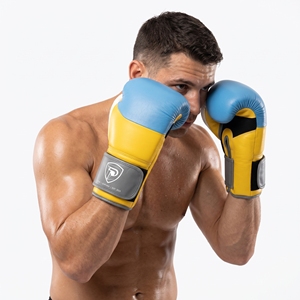 Guantes de Boxeo Dumela de 16 Oz en Cuero Azul, Amarillo y Gris, Equipo de Entrenamiento Profesional con Diseño de Logotipo - Product Image 3