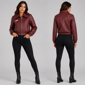 Women's New Fashion Long Sleeve Stand Leopard PU Leather Biker Jacket Solid Color Turn-down Collar <b>Zipper</b> Casual for Spring - Product Image 4
