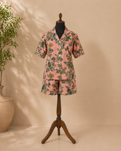 Artisanal Pink Bird Print Night Suit - Breathable Cotton Button-Up Shirt and Shorts Set - Jaipur Hand Printed Women Sleepwear - Product Image 1