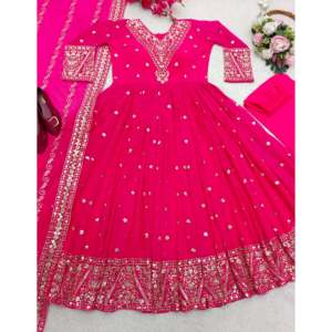 ชุดสตรีดีไซน์เนอร์พร้อมจี้และ dupatta มีลำดับการทำงาน - Product Image 1