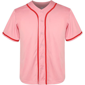 Camiseta de Béisbol Rosa Única con Botones, Transpirable, de Manga Corta, con Ribete en Contraste Rojo, Unisex, Ropa Deportiva Personalizada para Equipos - Product Image 1