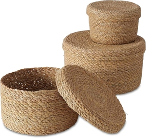 Cestas de mimbre hechas a mano con tapas, 100% naturales, ecológicas, para uso diario, cesta de almacenamiento de mimbre, forma redonda - Product Image 5