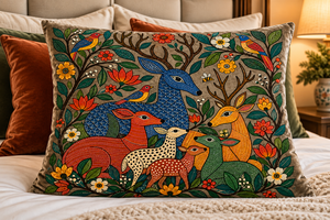 Funda de Cojín Cuadrada de Terciopelo Bohemio con Estampado Colorido de Ciervos, Pájaros y Flores, Funda de Almohada Decorativa con Diseño Animal - Product Image 2