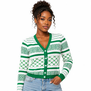 Cardigan en tricot rayé vert et blanc Cosh International Sorority Sisterhood, col en V, manches longues, boutons sur le devant, style classique décontracté - Product Image 3