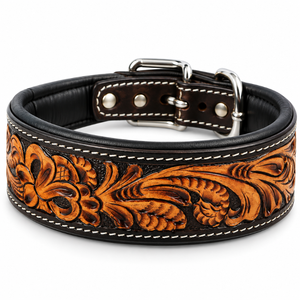 Collar de cuero repujado botánico para perro, estilo occidental, con banda acolchada floral |   Collar canino cosido a mano con hebilla ajustable - Product Image 1