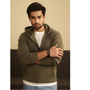 Sweat-shirt à capuche zippé en polaire vert olive classique pour homme, avec cordon de serrage personnalisé, couleur unie, style décontracté, vente en gros - Product Image 2